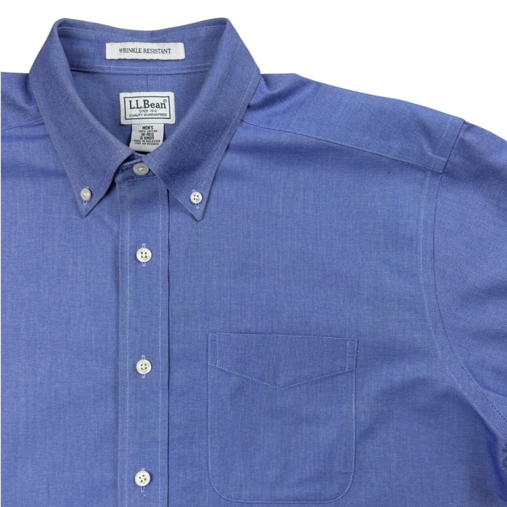 LL Bean Mens Blue Wrinkle Resistant Oxford Short Sleeve Button Down Shirt 16 Reg